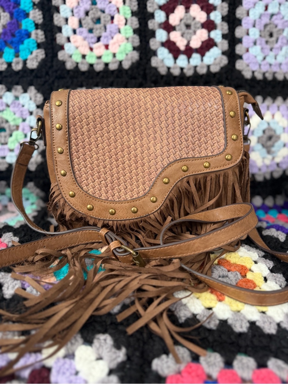 Woven Fringe Crossbody Bag - Brown
